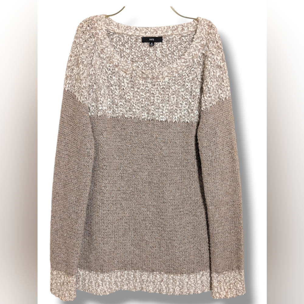 🤍 FATE Two-Tone Ivory Beige Chunky Knit Pullover Sweater - Size M Women's - Picture 4 of 7